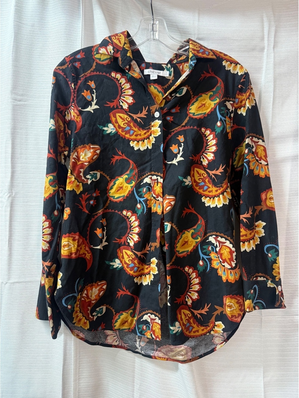 Chico's Women's Button-Up Blouse Black with Colorful Paisley Print Size 0